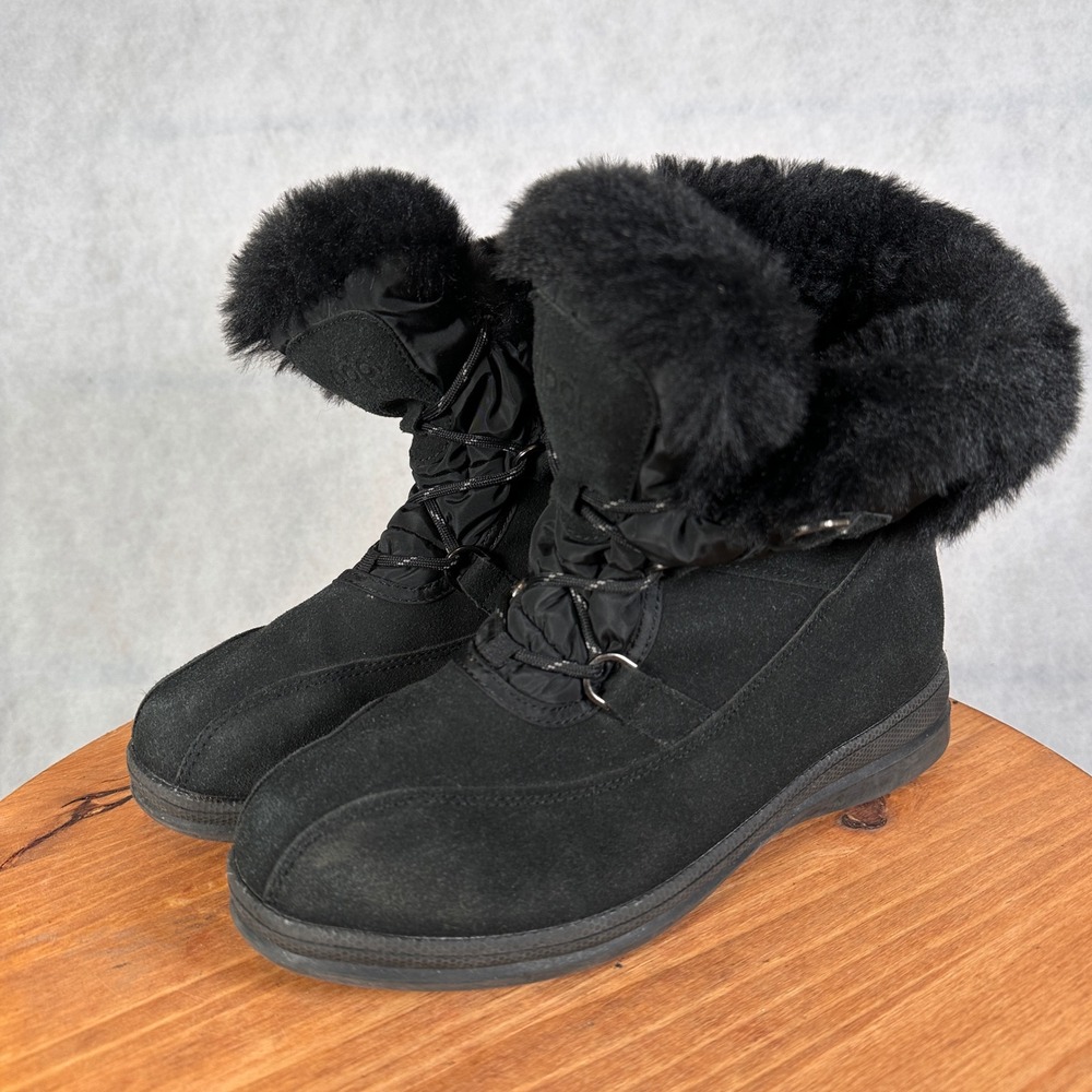 Floopi Snow Boots Women Size 9 Black Good Faux Fur Trim Lace Up Mid Calf